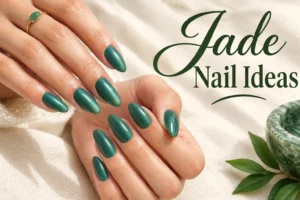 Elegant jade green manicure with glossy almond-shaped nails on a hand.