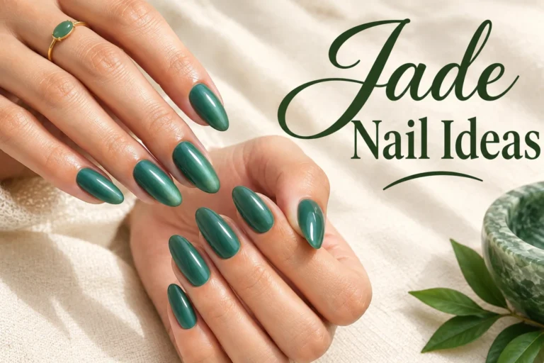 Elegant jade green manicure with glossy almond-shaped nails on a hand.