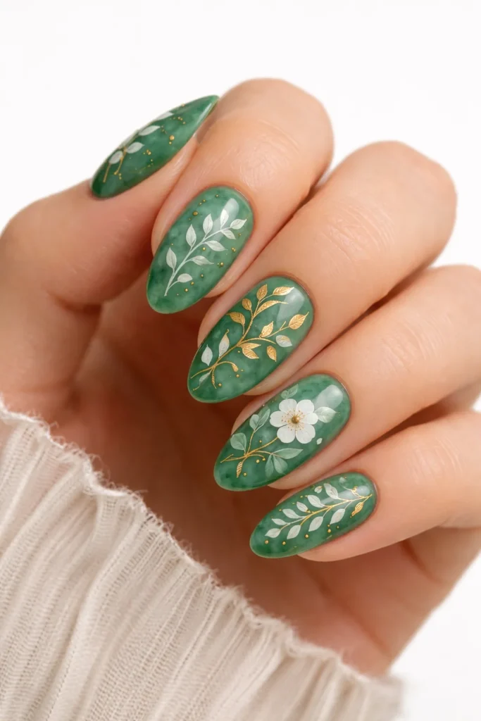 Jade green nails with hand painted botanical leaves and floral nail art in white and gold