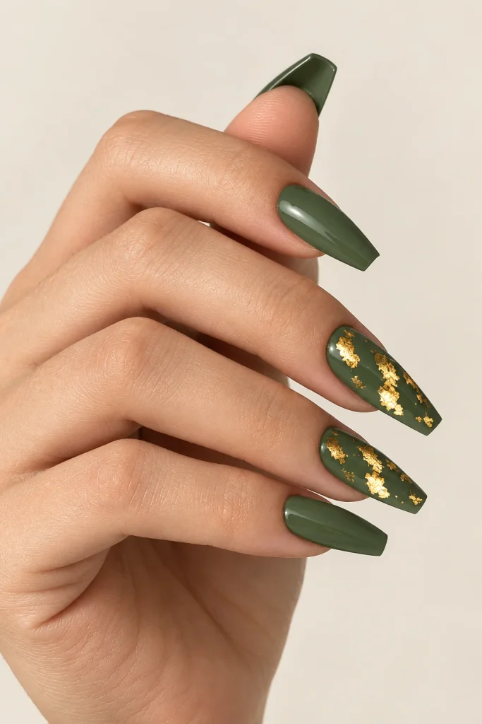 Glossy jade coffin nails decorated with delicate gold foil flecks.