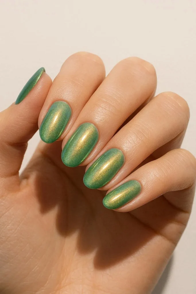 Jade shimmer nails with a duochrome finish shifting between green gold and copper tones