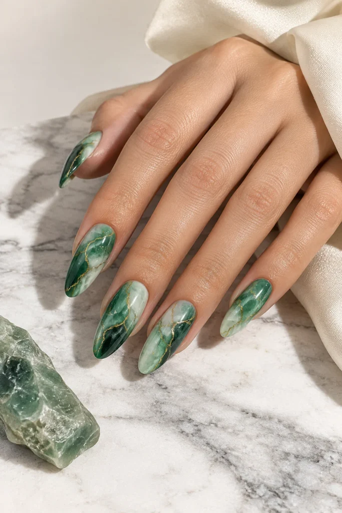 Jade marble nail art with deep green swirls and pale mint veins.