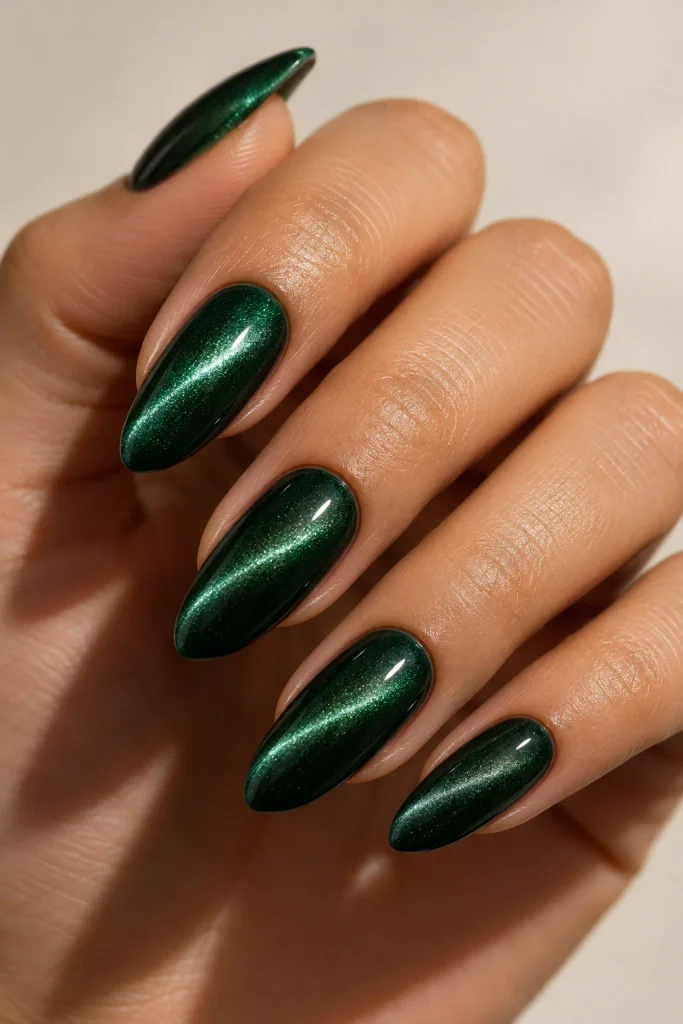 Deep jade almond nails with luminous magnetic velvet cat-eye shimmer.