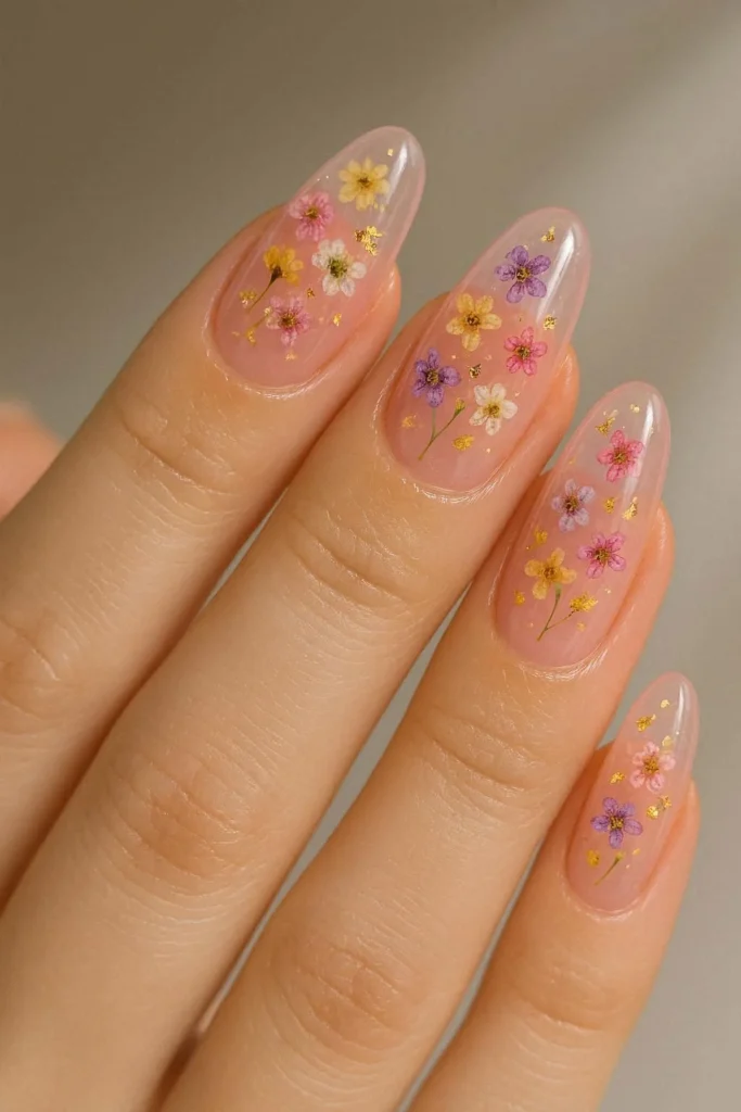 Translucent jelly acrylic nails with floating dried floral accents