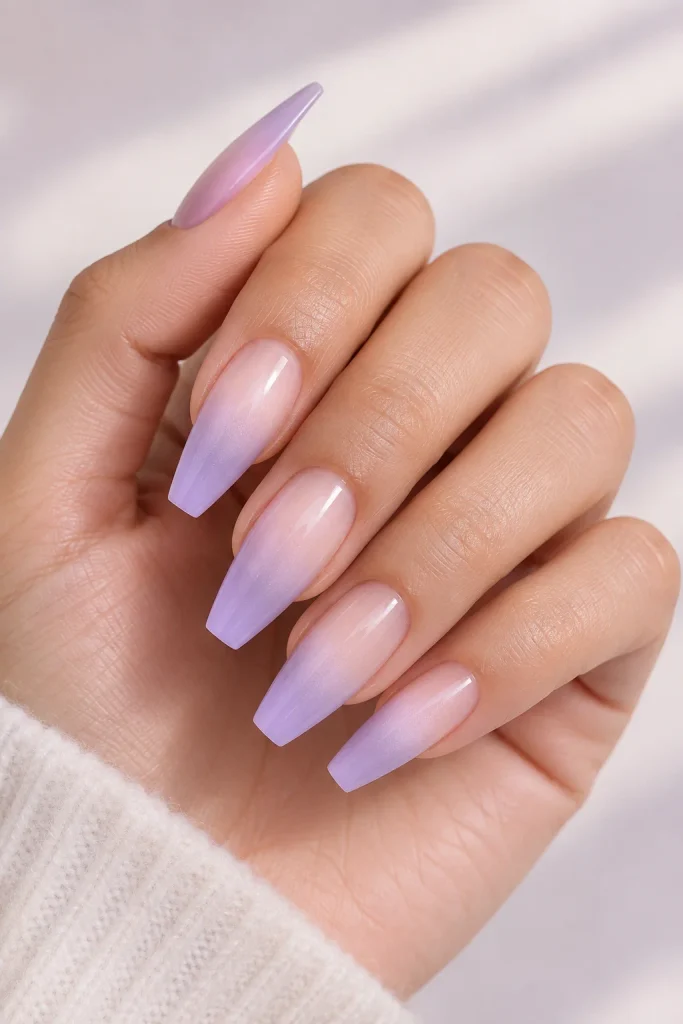  Lavender aura gradient coffin nails with soft airbrushed effect 