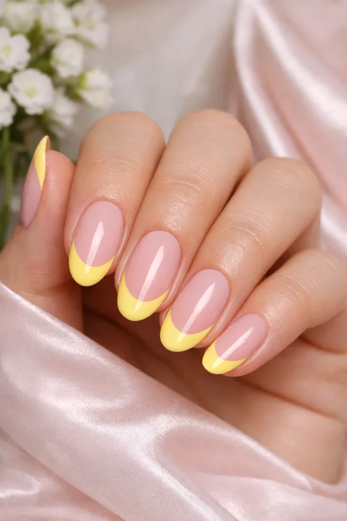Lemon yellow French tip nails on a soft pink base with almond shape