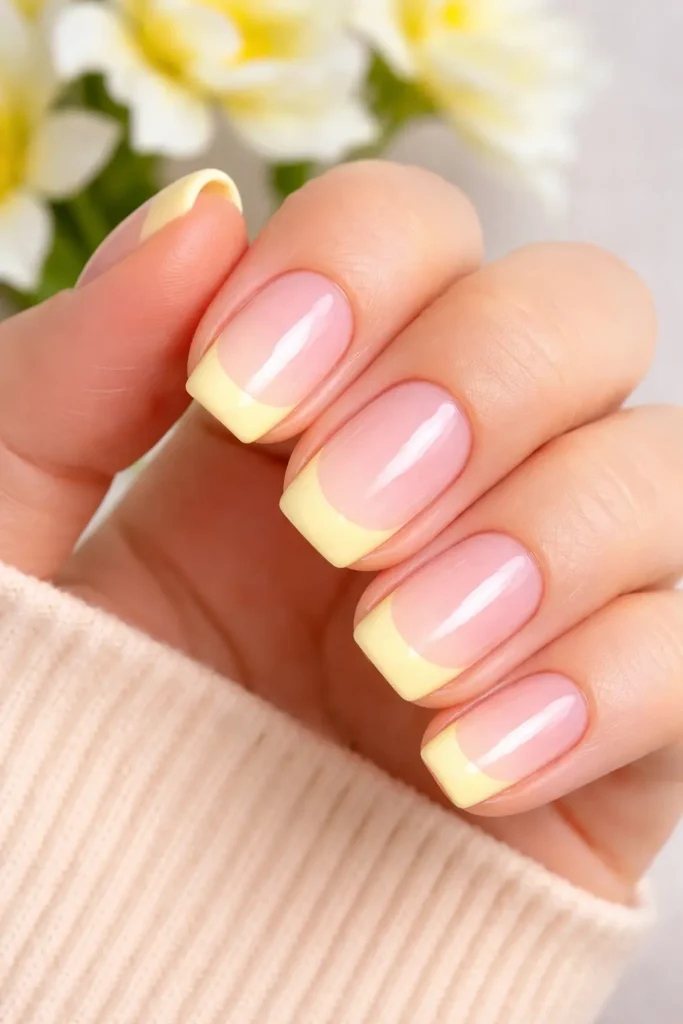 Lemon drop French tip pastel nails with pale yellow tips on glazed sheer base