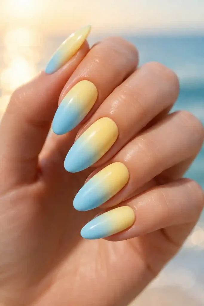 lemon yellow to powder blue ombre nails
