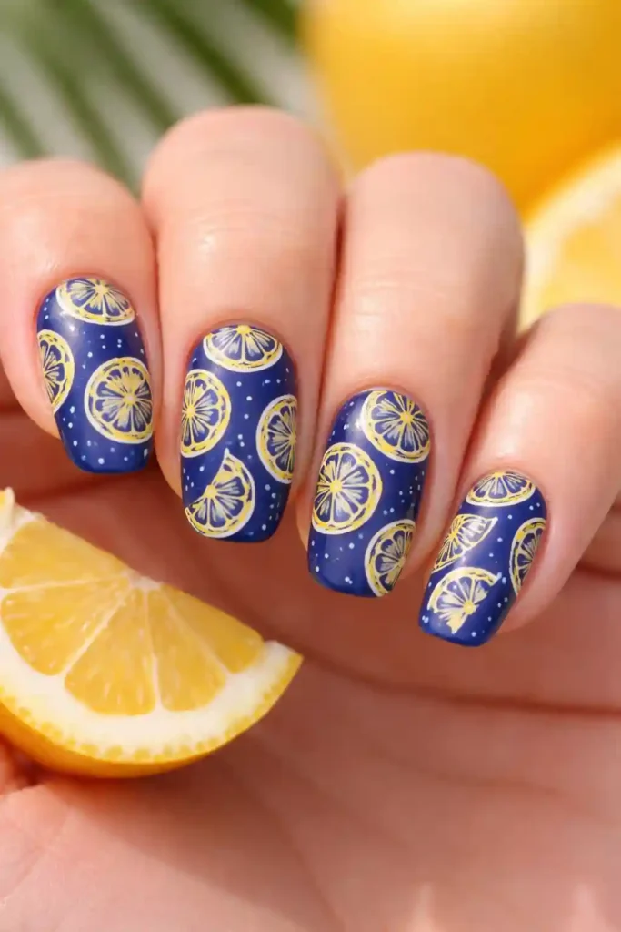 lemon yellow citrus slice stamped nail art on deep indigo blue base