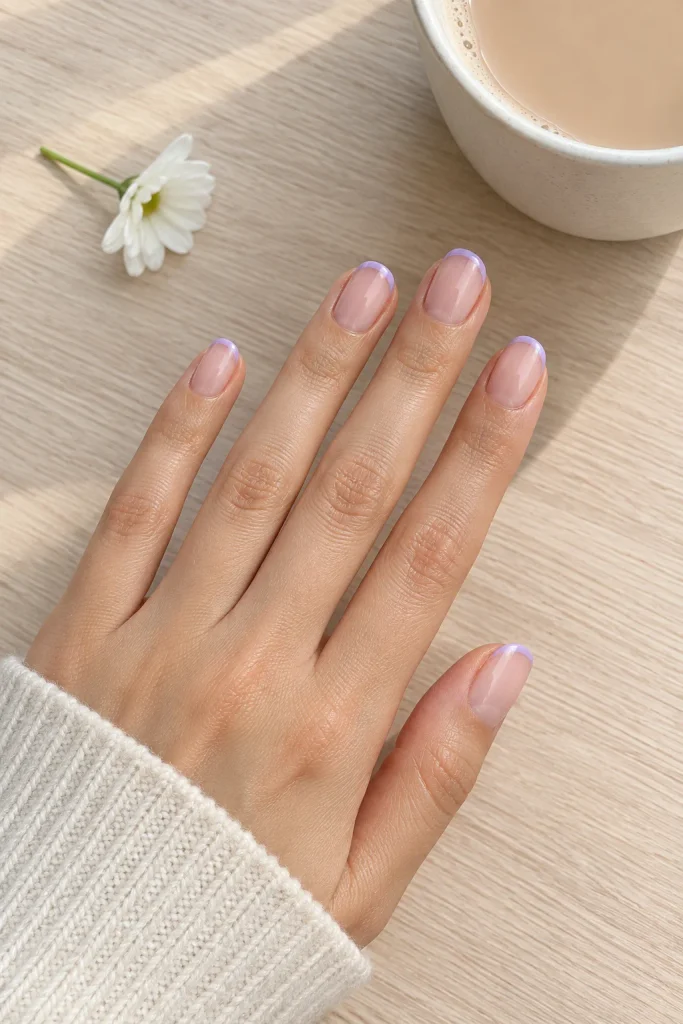 Short oval nails with delicate lilac French tips 