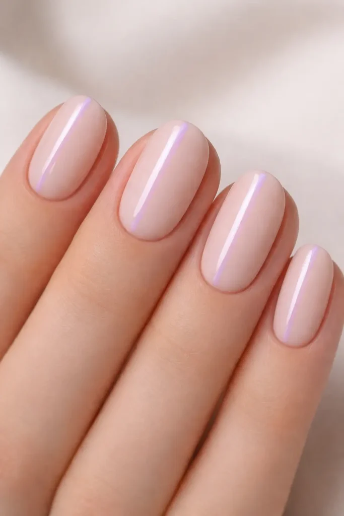 Lilac minimalist pastel nail designs with single vertical line on nude base