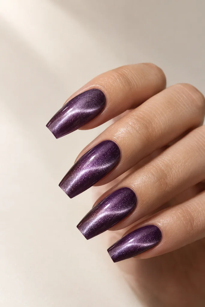 Violet magnetic cat-eye nails with glowing light line 