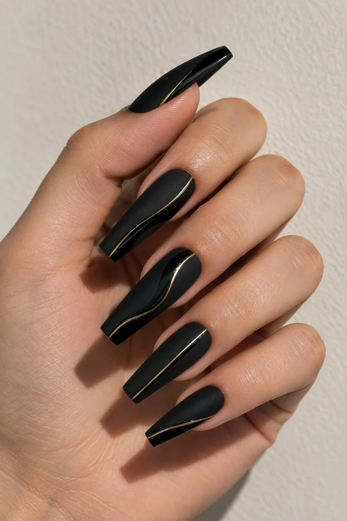 Matte black coffin nails with thin glossy line details