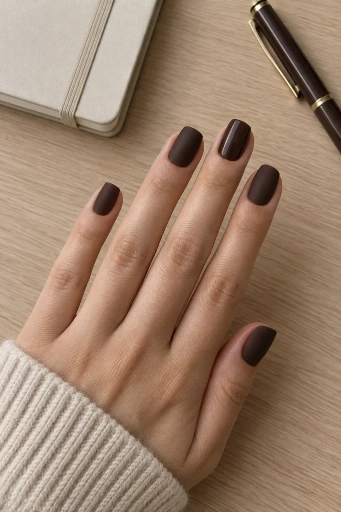 Matte espresso brown polish on short squoval nails