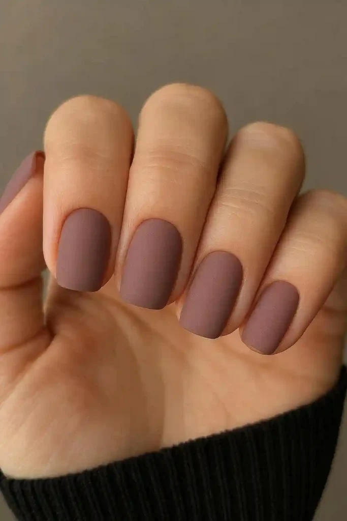 Matte gel nails in dusty lilac with velvety smooth finish
