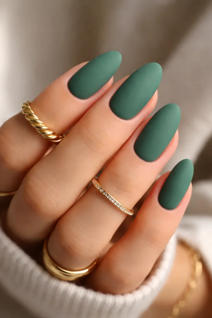 Matte jade green nails with a soft velvety finish paired with gold jewellery