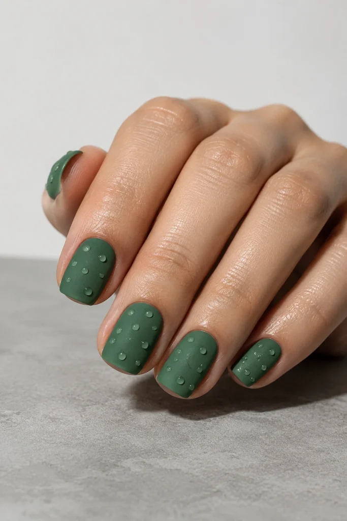 Matte jade green square nails decorated with tiny glossy dots.