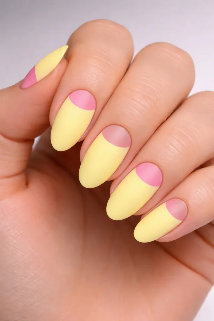 Matte yellow nails with pink negative space half moon design near the cuticle