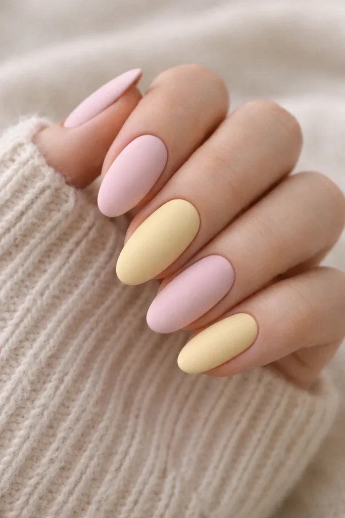 Matte pastel pink and soft yellow alternating color block nails