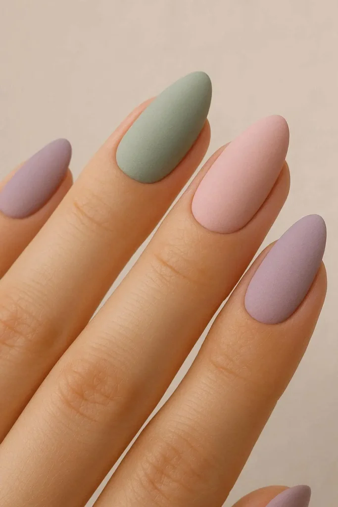 Matte pastel spring nails in dusty lilac with a velvety finish on almond-shaped nails
