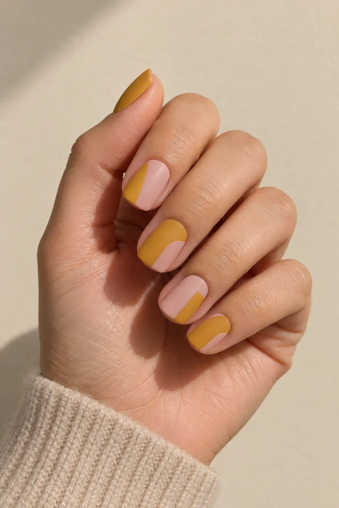 Matte peony pink and mustard yellow square nails with geometric color blocking