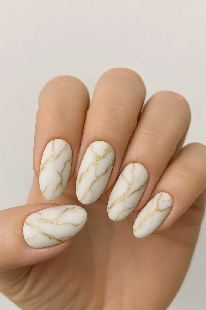 Matte white nails with hand-painted gold marble vein design