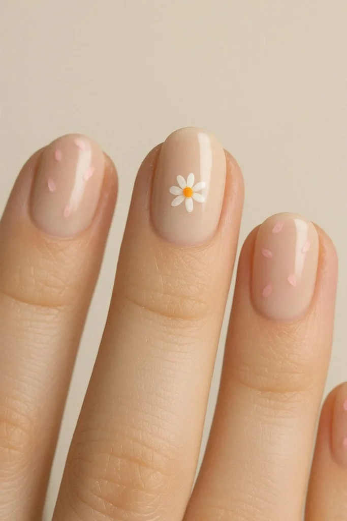 Tiny hand-painted floral nail art on cream base
