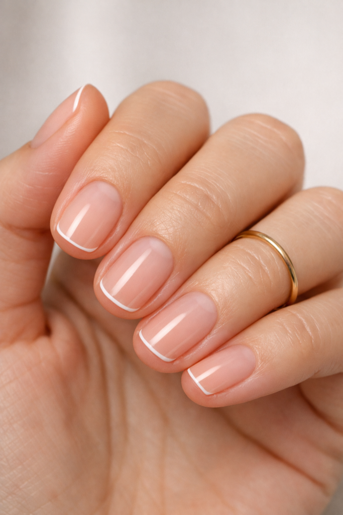 Micro french tip nails with ultra thin white tip line on short natural nails