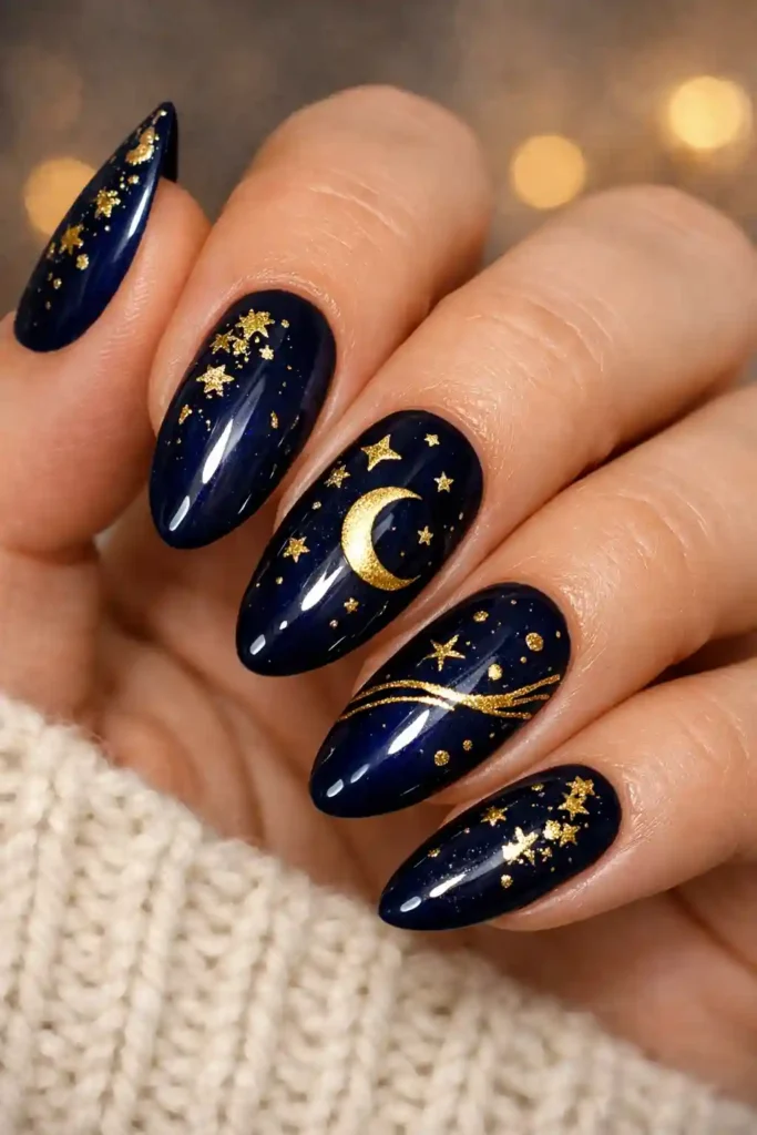 Dramatic midnight blue nails with gold foil and celestial detail on almond shape
