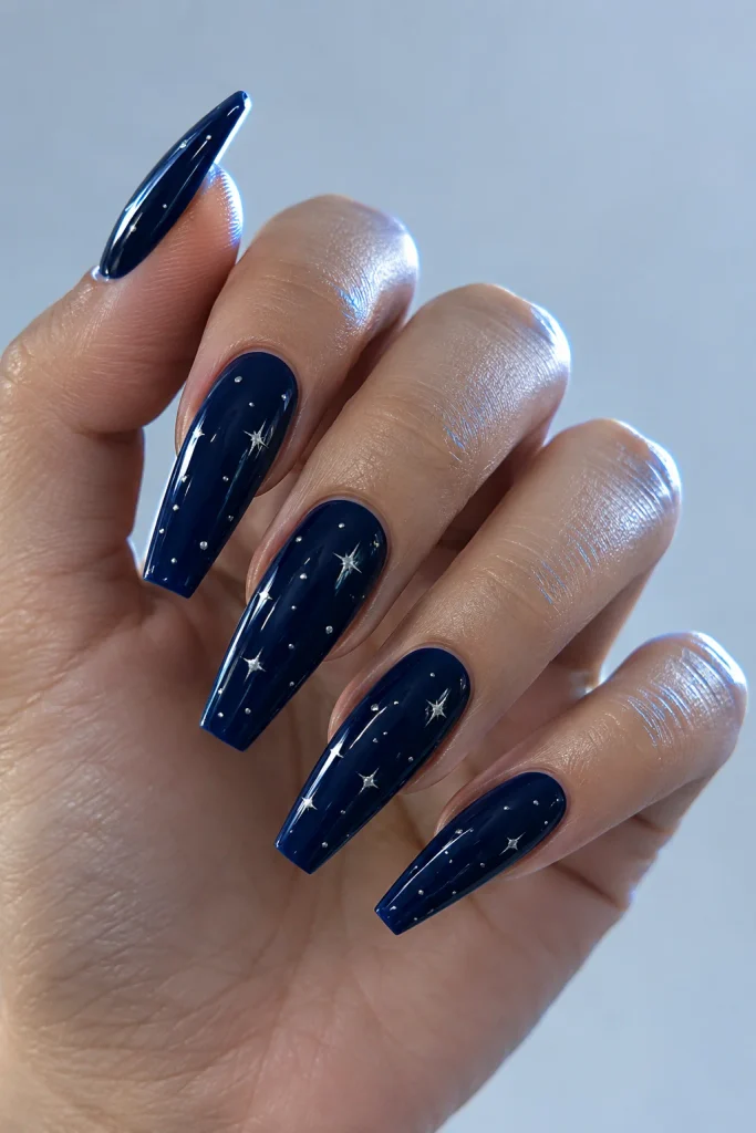 Midnight navy coffin nails with tiny silver star dots 