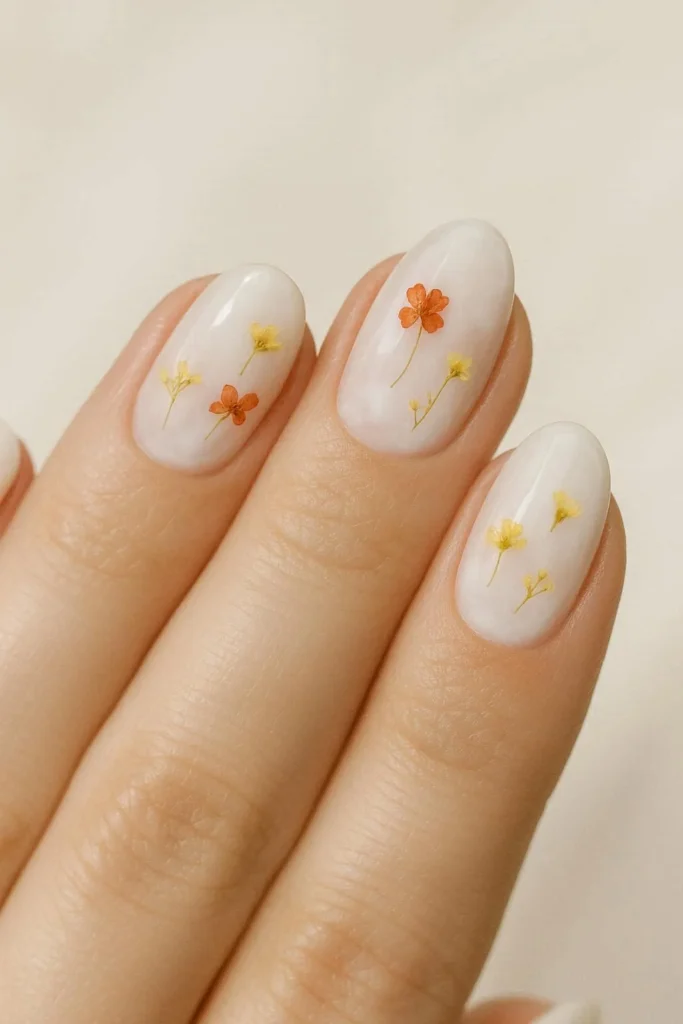 Milk bath nails with tiny dried florals under gel