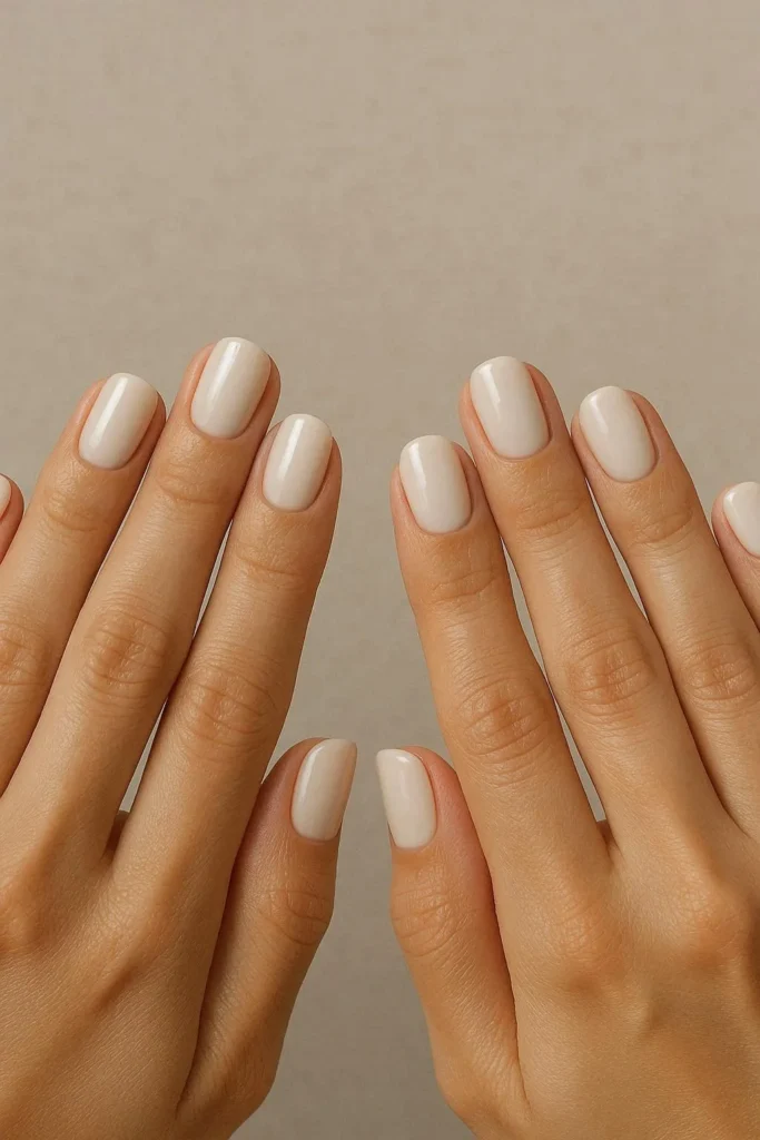 Milky beige nails with a warm neutral creamy finish and a soft satin topcoat