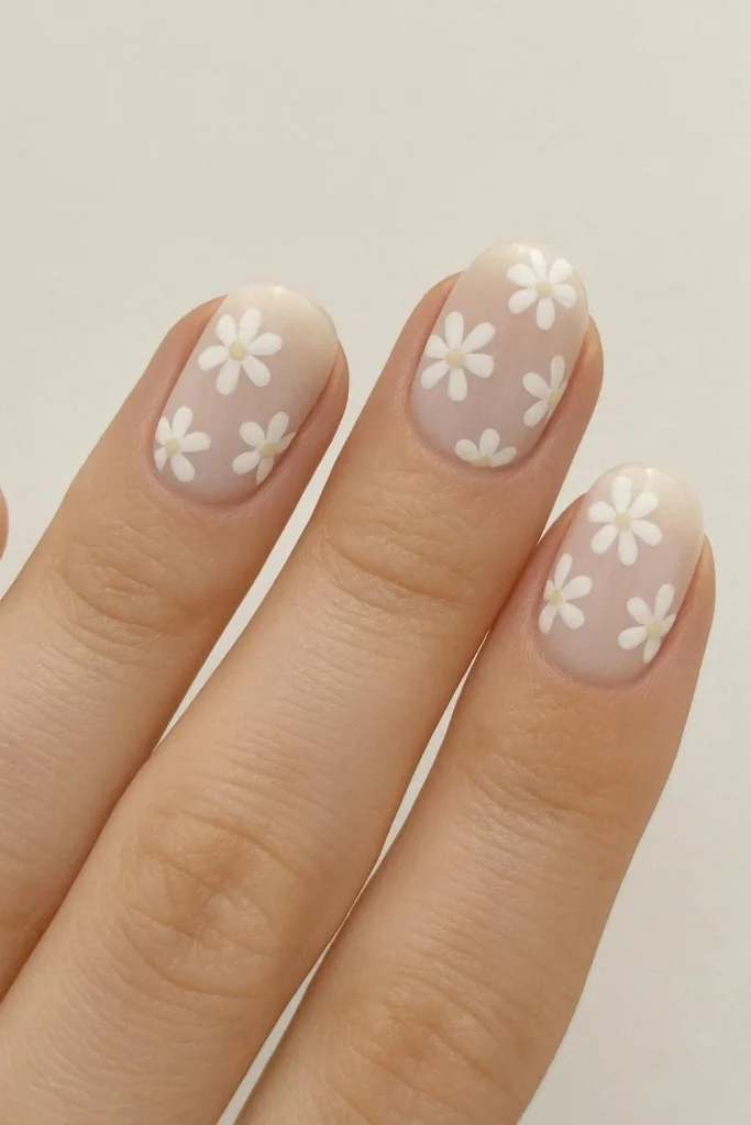 Milky floral nails with tiny delicate white flowers hand painted on a soft creamy base 