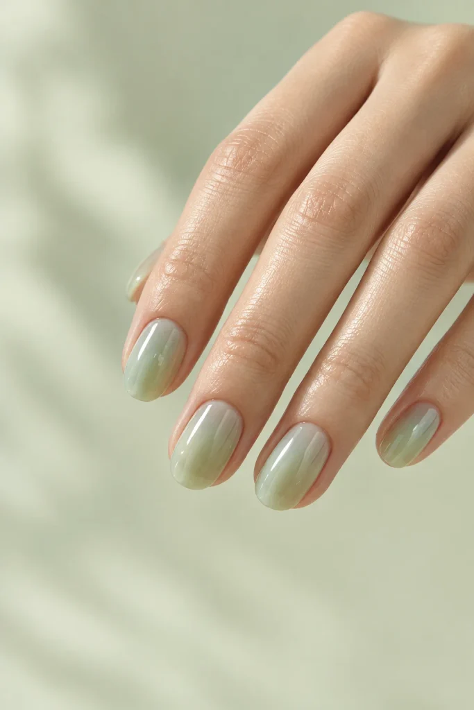 Short rounded nails with translucent milky jade green jelly polish.