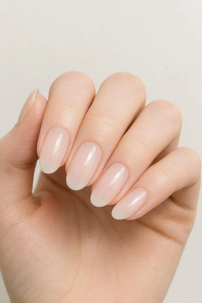 Milky jelly nails with a semi transparent glossy finish in a soft white blush tone