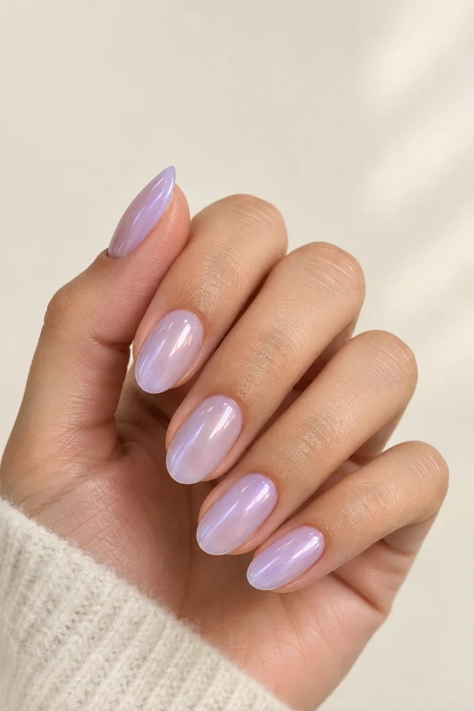 Milky lavender glazed nails with a soft pearl finish