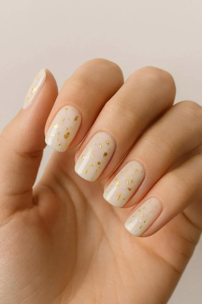 Milky nails with delicate scattered gold foil accents over a creamy white base