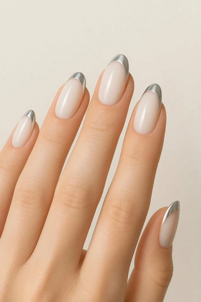  Milky nails with precise silver chrome French tips over a clean soft creamy base