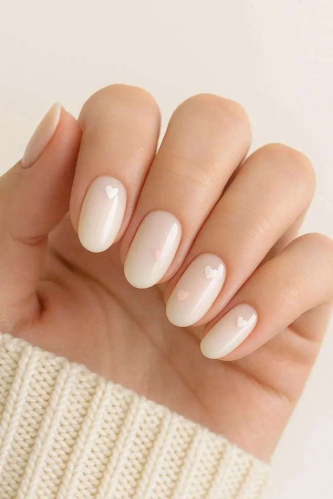 Milky nails with tiny micro heart nail art in white and soft pink on a creamy base
