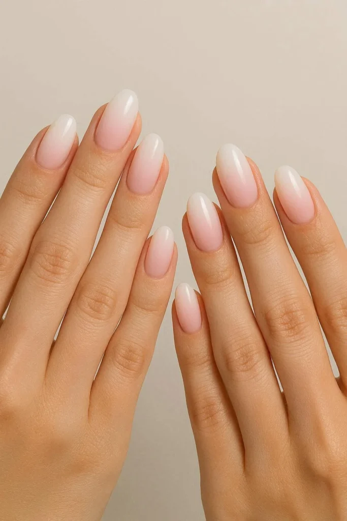 Milky ombre nails with a seamless gradient blending milky white into soft blush pink