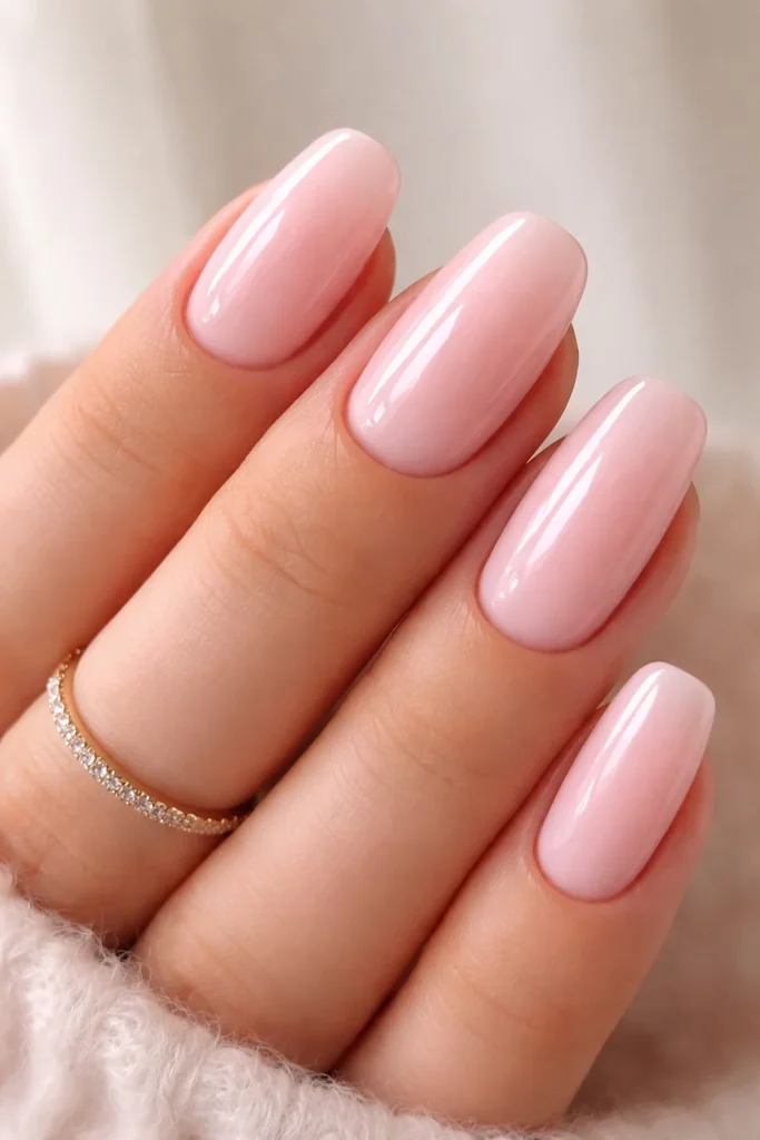 Soft milky pink gloss nails with a creamy blush finish on medium length nails