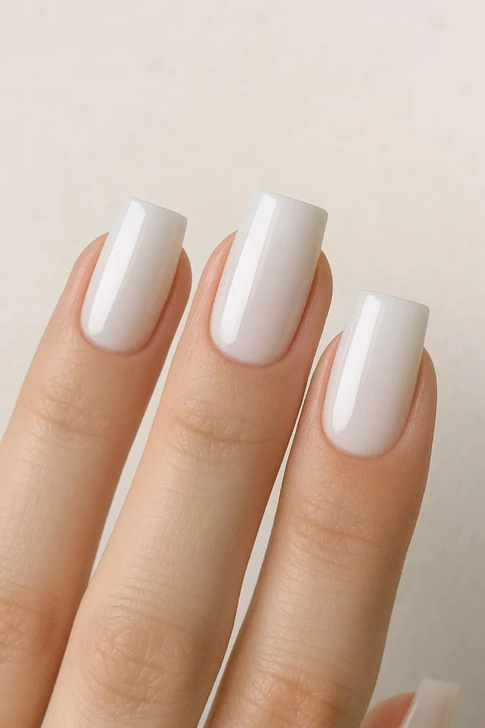 Milky square nails with a structured straight edge shape and a glossy creamy white finish