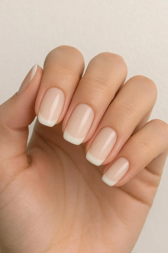 Milky white French tip nails with soft white tips over a creamy milky base