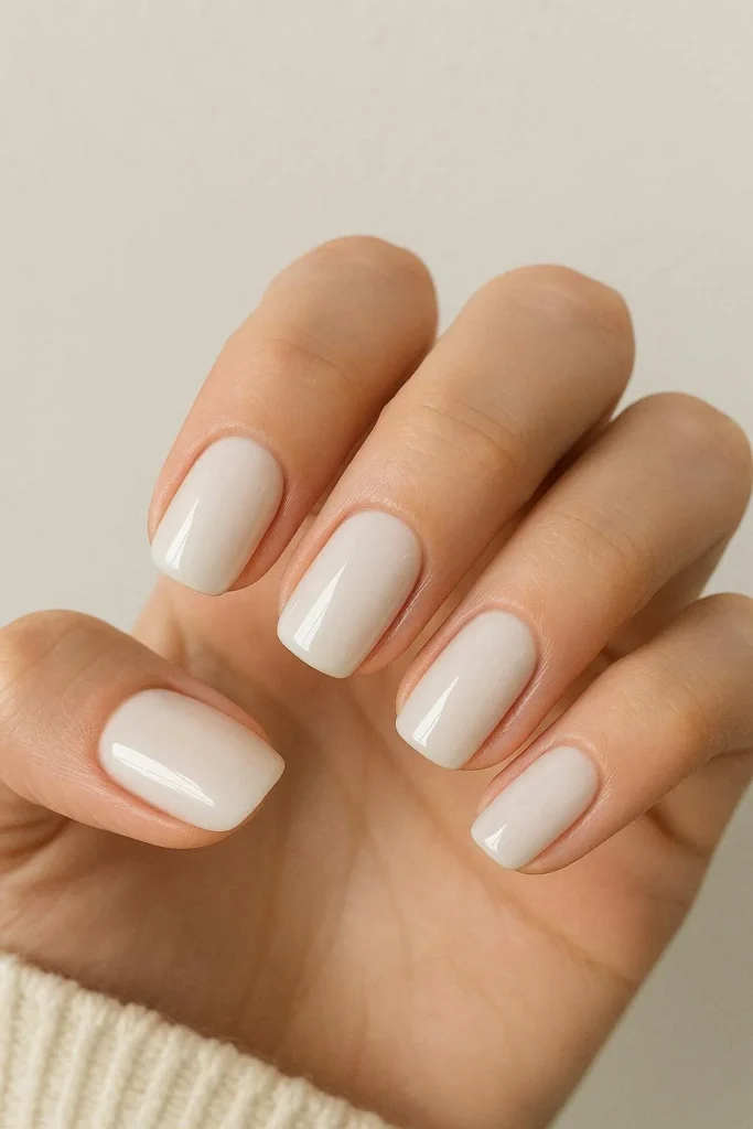 Milky white glossy nails with a clean minimal finish
