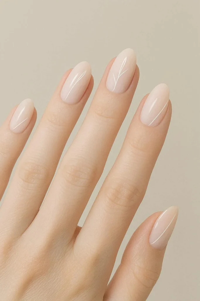 Minimal milky line art nails with fine white hand drawn lines over a soft creamy milky base