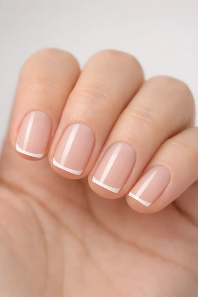 Minimalist french tip nails with thin clean white tip on sheer nude base short oval nails