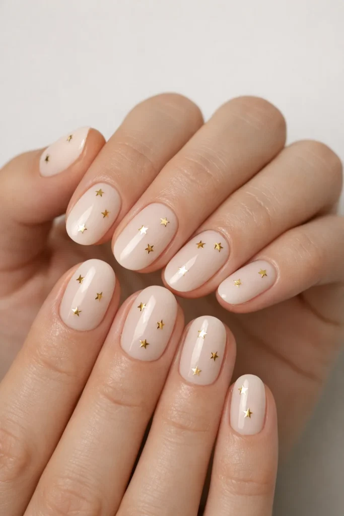 Minimalist gold star nail art on nude base for birthday