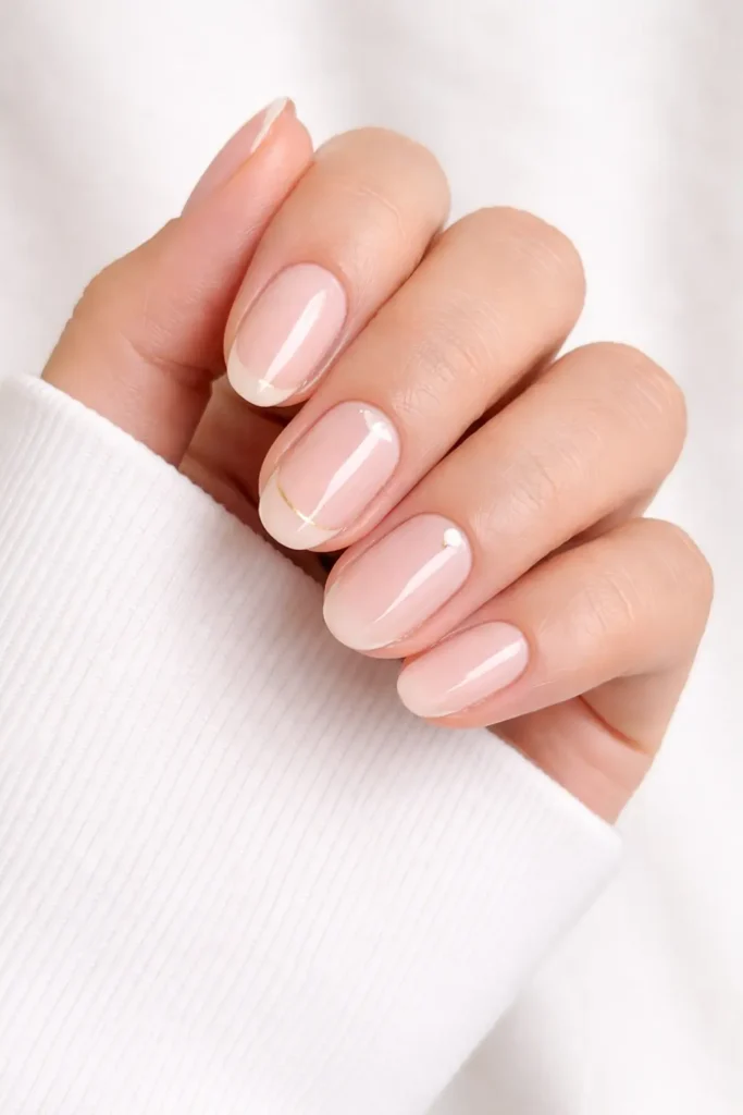 Minimalist spring nails with a milky pastel base and a single thin gold line accent on short square nails