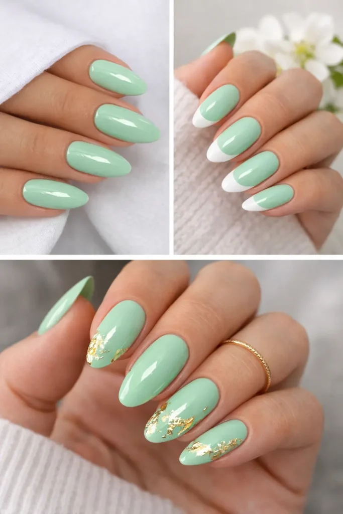  Mint green spring nails with a high-gloss finish on almond-shaped nails and a white French tip accent
