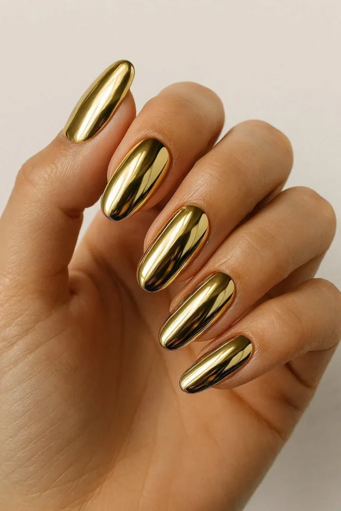 Mirror chrome gold nails with a high-shine metallic finish